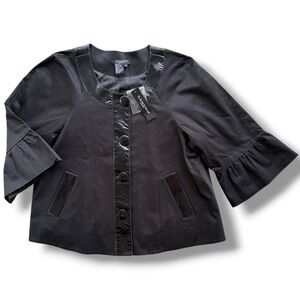 Sandro Sportswear M Black Button Front 3/4 Bell Sleeve Glossy Trim Bolero Jacket